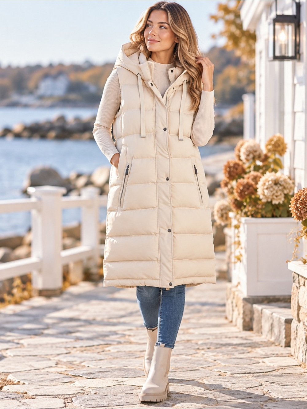 Zara Cream Long Hooded Puffer Vest Size XS